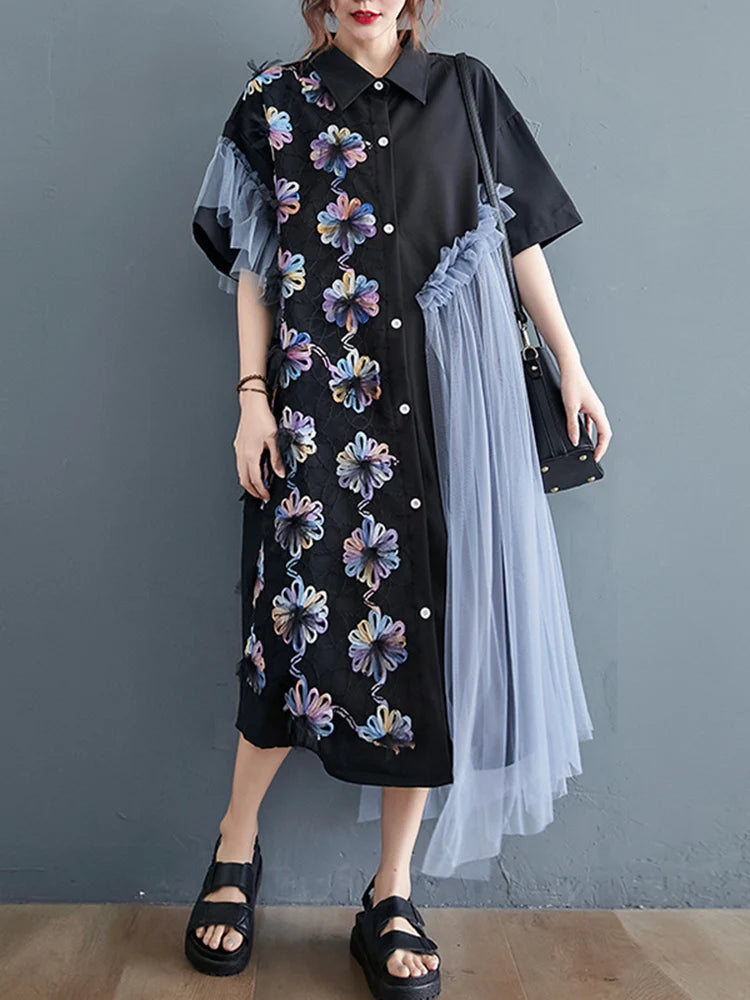 Mesh Stitching Spring Dresses Woman  Trend New long Sleeve Lapel Irregular Midi Dress Female Clothing Fashion