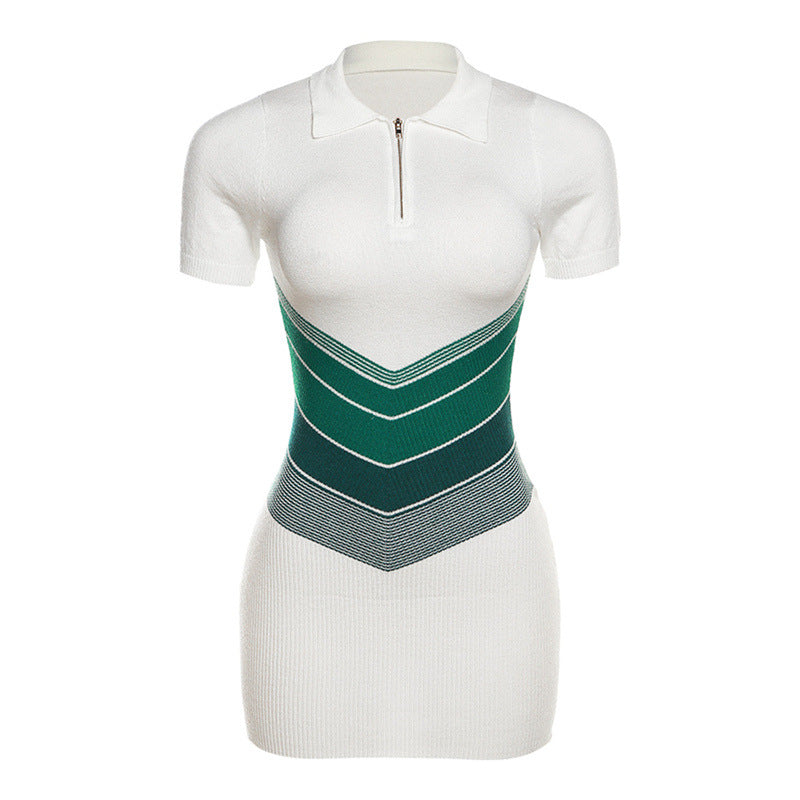 Fashion Women's Dress High Waist Short Sleeves Zipper Contract Color Slim Mini Knit A-line Dresses Summer