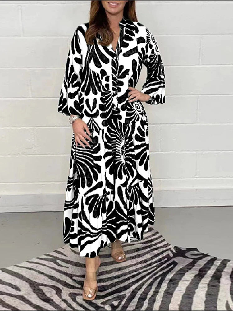 Loose Vintage Print Flare Sleeve Women's Dress Casual V Neck Buttons Patchwork Party Midi Dresses Elegant Spring Autumn Vestidos