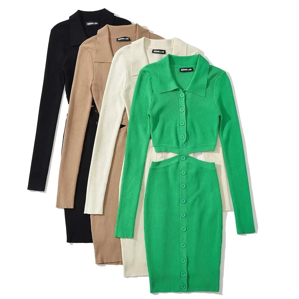 Women Hollow Waist Mini Dress Long Sleeve Turn-down Collar Buttons Knits Elastic Slim Dresses