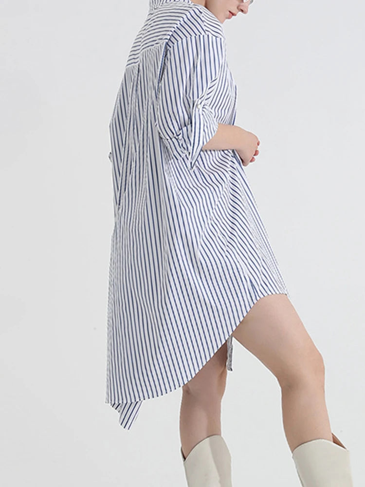 Colorblock Striped Minimalist Mini Dresses For Women Stand Collar Half Sleeve High Waist Asymmetrical Casual Dress Female