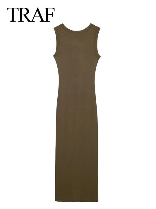 TRAF Summer Sexy Women Bodycon Dress O Neck Sleeveless Skinny Female Midi Long Dresses Female Dresses Vestidos Mujer