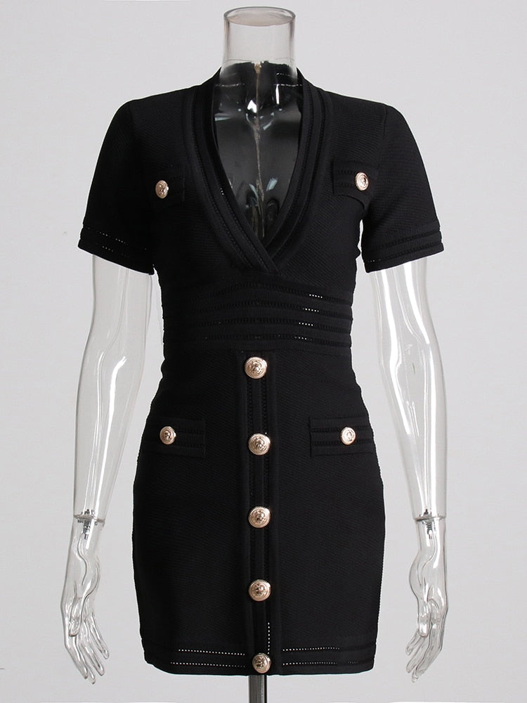Elegant Black Dress For Women Notched Collar Short Sleeve Solid Mini Dresses Female Summer Clothing Fashion