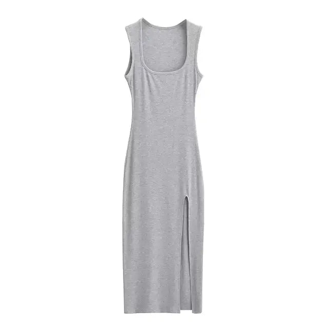 Summer Square Collar High Split Midi Dress Women Knits Stretchable Slim Dresses