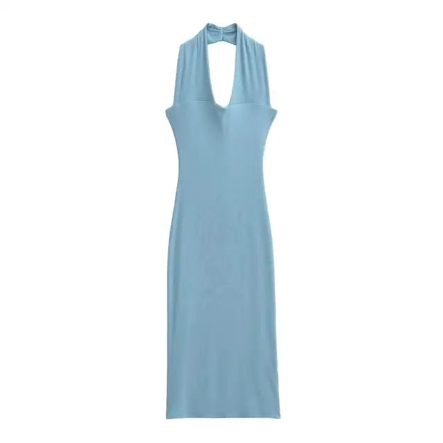 Summer Sexy Halter Deep V-neck Midi Dress Women Backless  Knits Elastic Slim Dresses