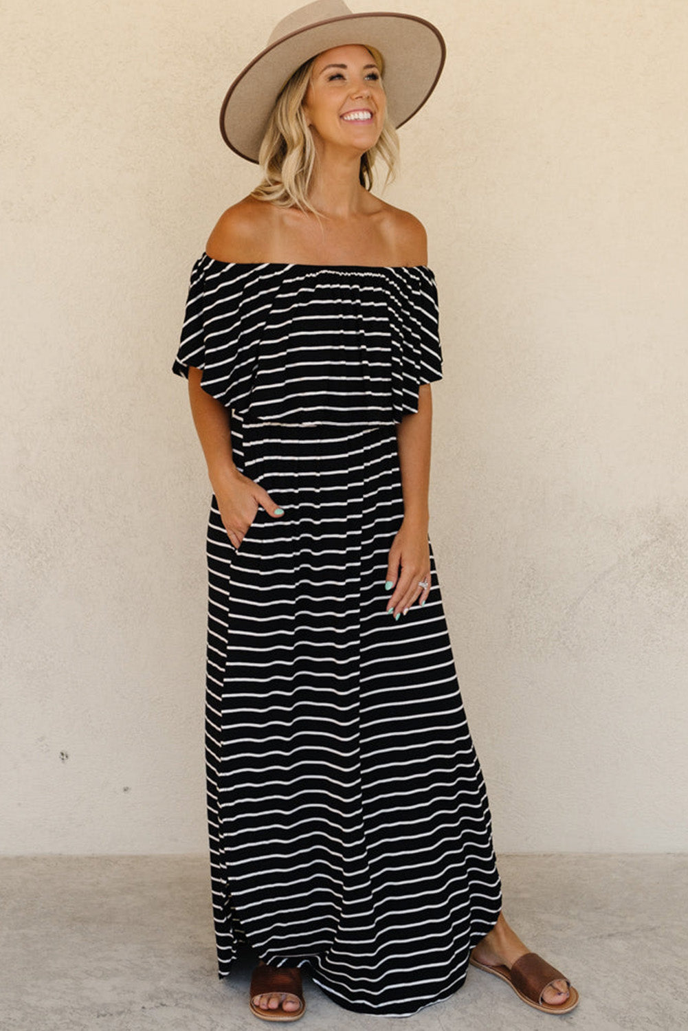 Blue Striped Print Ruffled High Waist Maxi Dress with Side Splits
