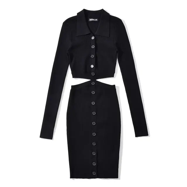 Women Hollow Waist Mini Dress Long Sleeve Turn-down Collar Buttons Knits Elastic Slim Dresses