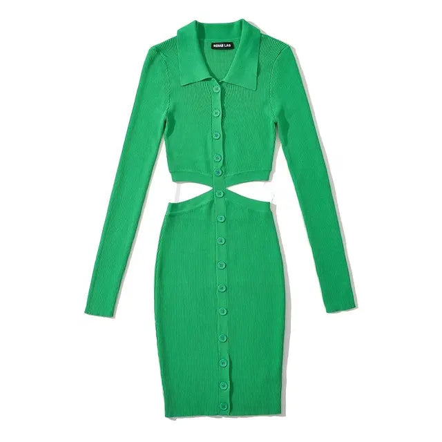 Women Hollow Waist Mini Dress Long Sleeve Turn-down Collar Buttons Knits Elastic Slim Dresses