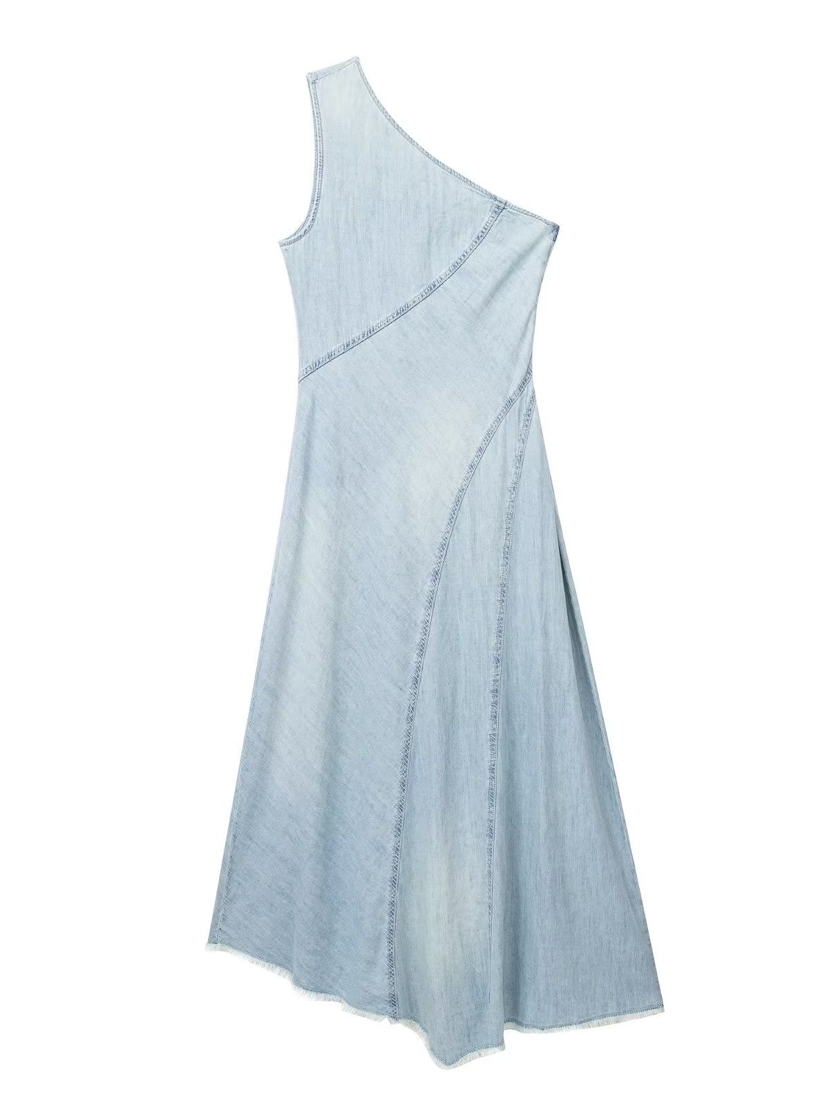 Summer New Fashion Chic Casual Dress For Women Asymmetric One Shoulder Denim Beach Midi Long Dresses Side Zipper Vestidos