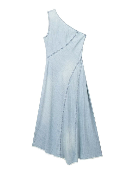 Summer New Fashion Chic Casual Dress For Women Asymmetric One Shoulder Denim Beach Midi Long Dresses Side Zipper Vestidos