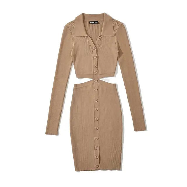 Women Hollow Waist Mini Dress Long Sleeve Turn-down Collar Buttons Knits Elastic Slim Dresses