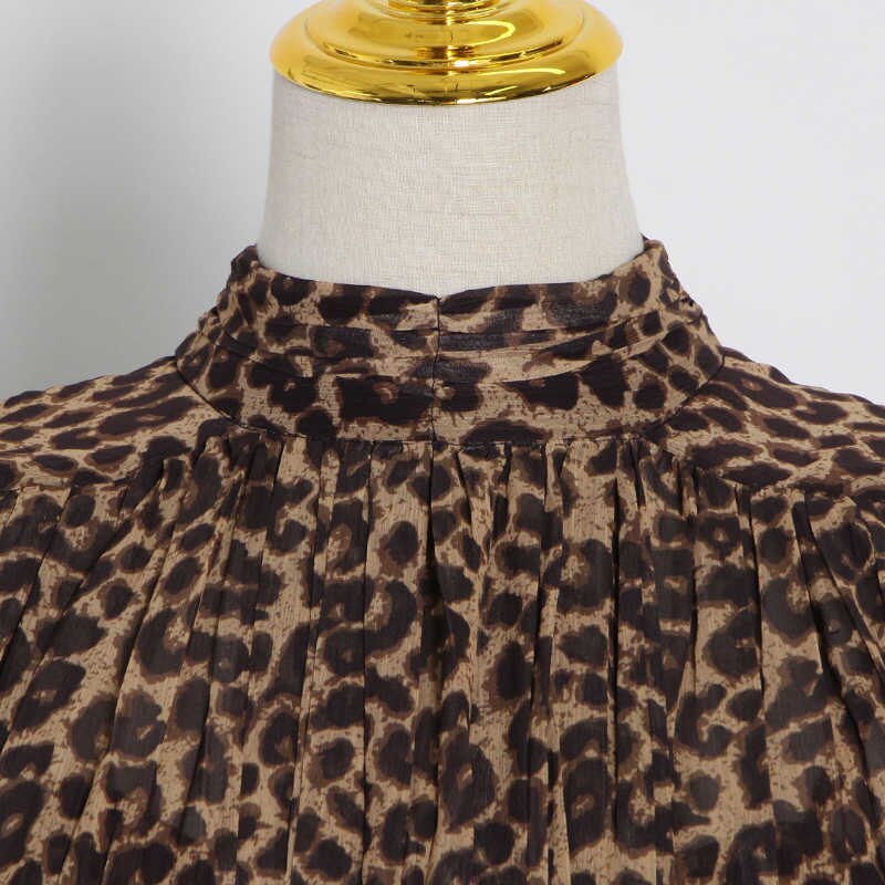 Women Stand Collar Lantern Long Sleeve High Waist Leopard Ruched Mini Dresses