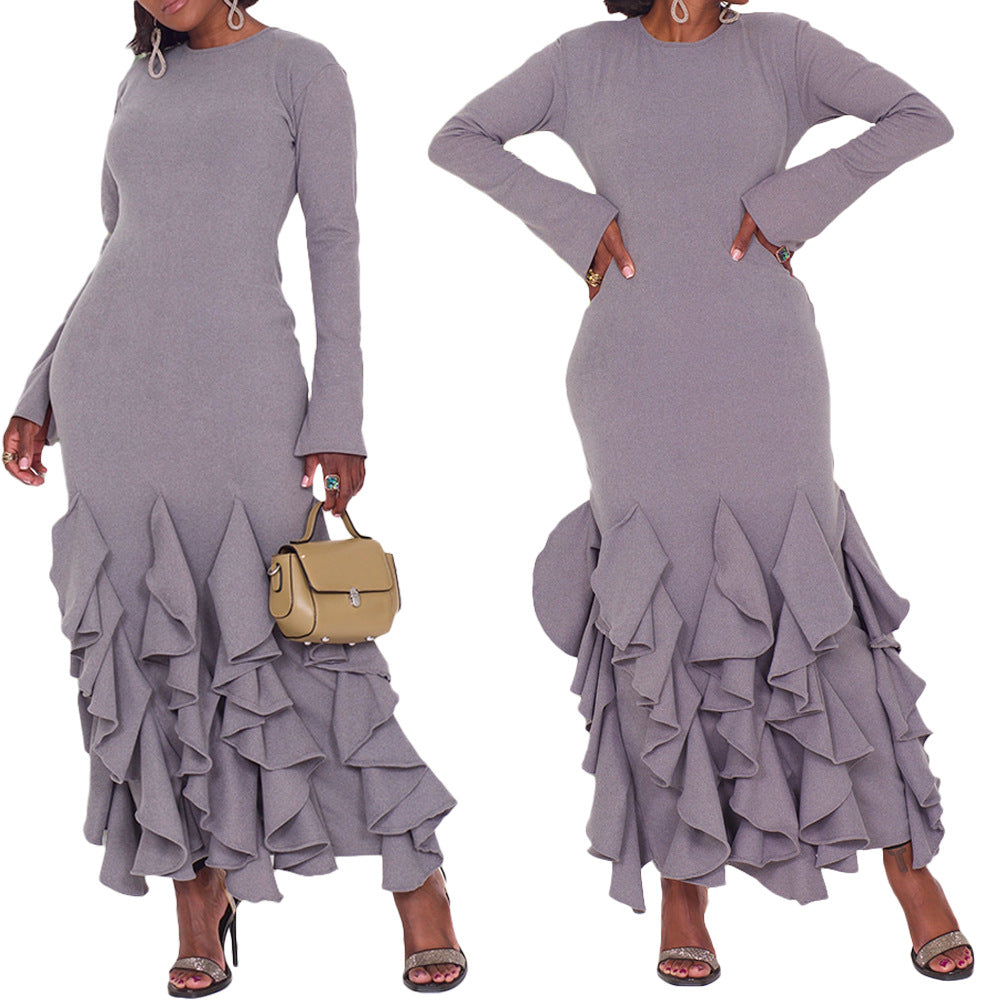 Women Long Sleeve O-neck Multi Ruffles Petal Bodycon Midi Maxi Long Dress Autumn Vestidos Sexy Party Even Dresses