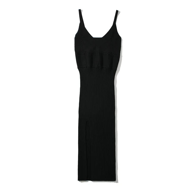 Summer V-neck Camisole Knitted Dress Women Elastic Slim Split Midi Dresses