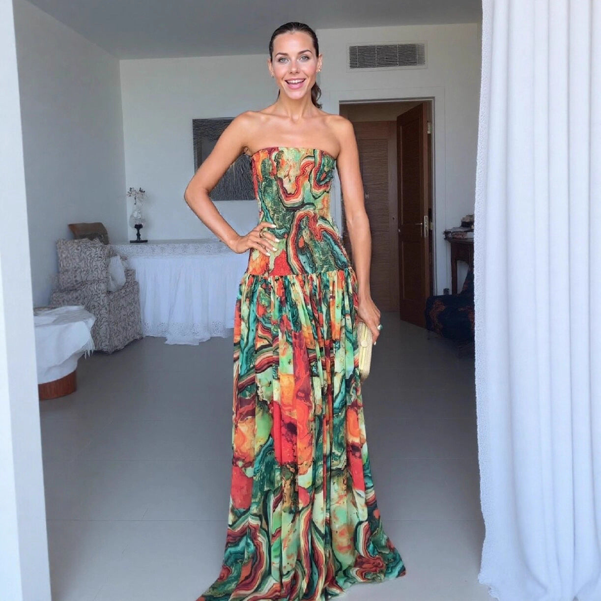 Elegant Printed Wrap Bodysuit Fitted Maxi Dress with Flared Skirt for Women