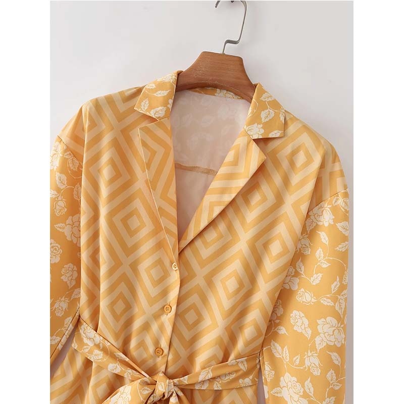 Mini Dress Woman Printed Turn Down Collar Summer Dresses For Women Long Sleeve Casual Dresses Tied Belt Female Dress