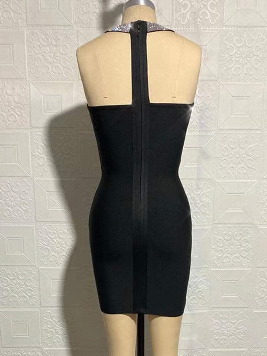 Patchwork Diamonds Dress For Women Halter Collar Sleeveless High Waist Solid Sexy Mini Dresses Summer