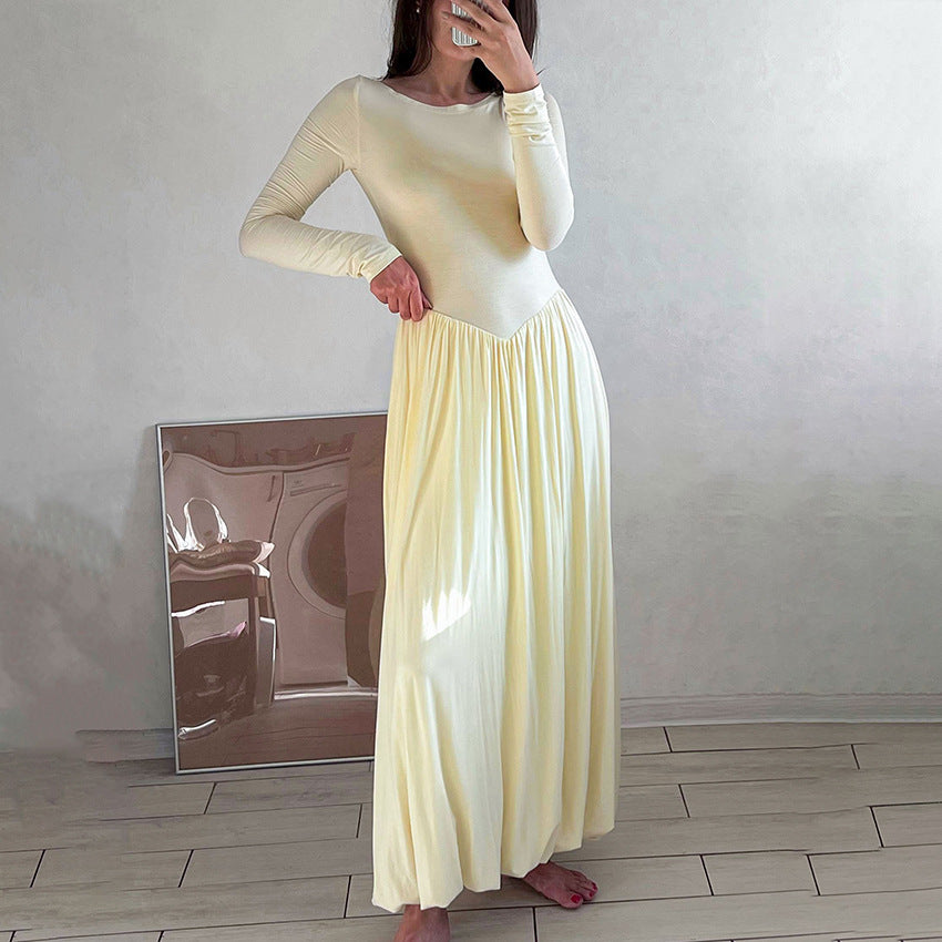 Round Neck Fitted Long Sleeve Maxi Dress with Design Sense