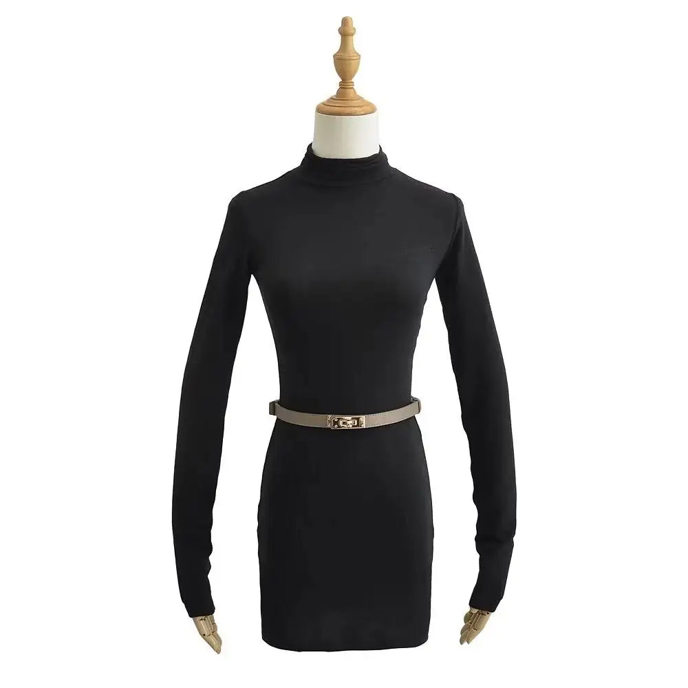 Women Turtleneck Long Sleeve Mini Dress With Sashes 5 Colors Elastic Slim Dresses