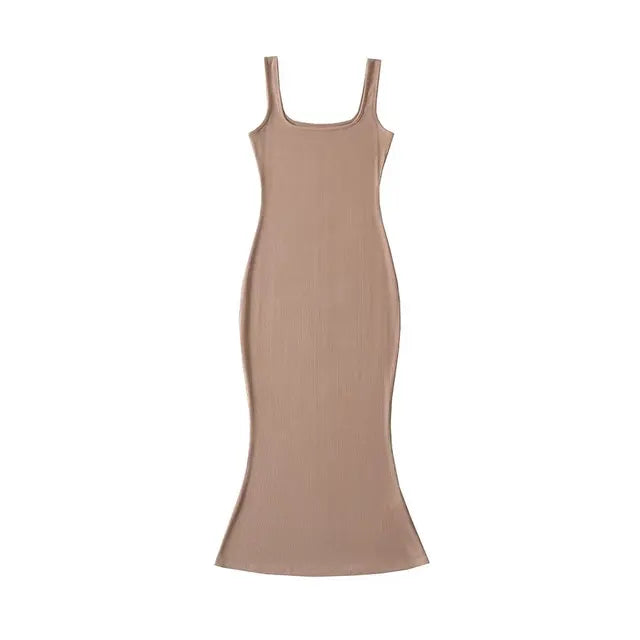 Summer  Midi Mermaid Dress Women Sleeveless Square Collar Stretchable Slim Dresses