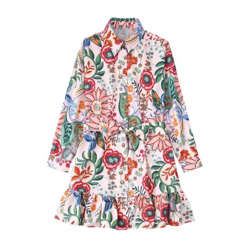 Mini Dress Woman Printed Turn Down Collar Summer Dresses For Women Long Sleeve Casual Dresses Tied Belt Femal Dressre