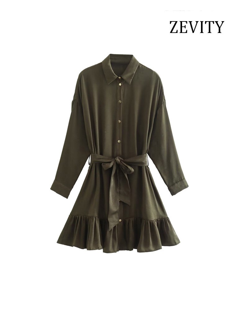 Women Fashion With Belt Ruffled Satin Mini Shirt Dress Vintage Long Sleeve Front Gold Button Female Dresses