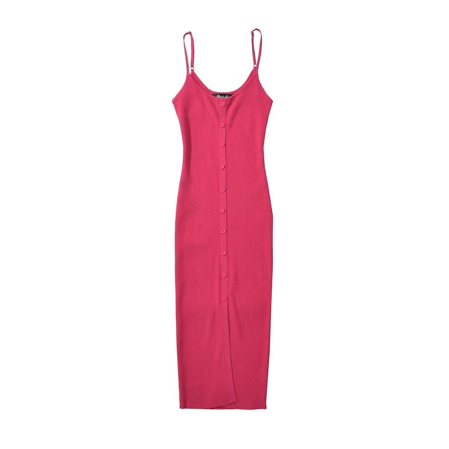 Summer Single Breasted Rib Knitted Dress Women Spaghetti Strap Midi Split Dresses