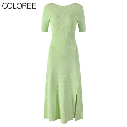 New Spring Summer Elegant Green Knitted Dresses Women 2023 Casual O-neck Short Sleeve Slim Dress Midi Vestidos Para Mujer