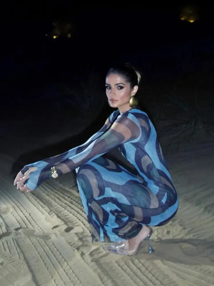 Women's Fashion Color Match Print Long Sleeve Dress Lady Elegant Round Neck Sheath Maxi Dresses Chic Female Beach Vacation Robes