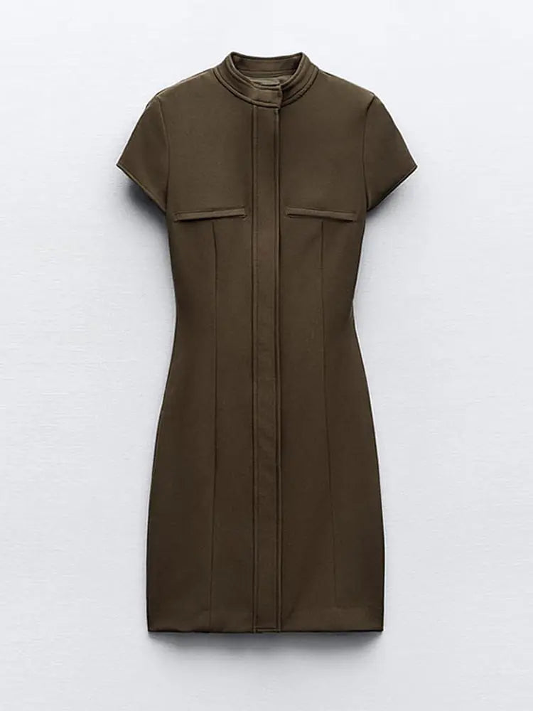 Women O Neck Zipper Dress Elegant Solid Fashion Short Sleeve H-line Mini Dresses  Lady Spring Chic High Street Pleated Robes