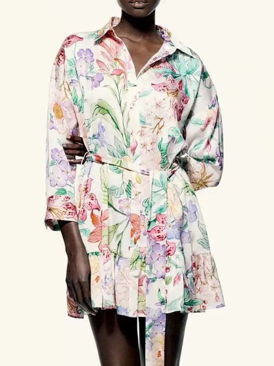 Women Fashion Floral Print Mini Dress Vintage Long Sleeve With Sashes Female Elegant Dresses