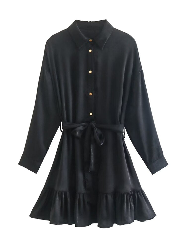 Women Fashion With Belt Ruffled Satin Mini Shirt Dress Vintage Long Sleeve Front Gold Button Female Dresses