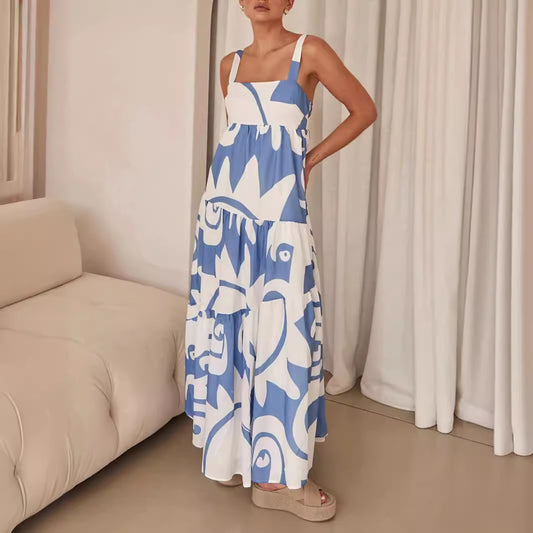Chiffon Printed Pleated Maxi Dress with Straps and Flared Skirt
