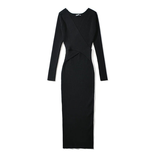 Women Long Sleeve Cross V-neck Dress  Elastic Slim Midi Solid Color Dresses robe femme