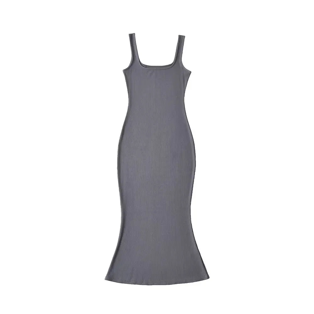 Summer  Midi Mermaid Dress Women Sleeveless Square Collar Stretchable Slim Dresses