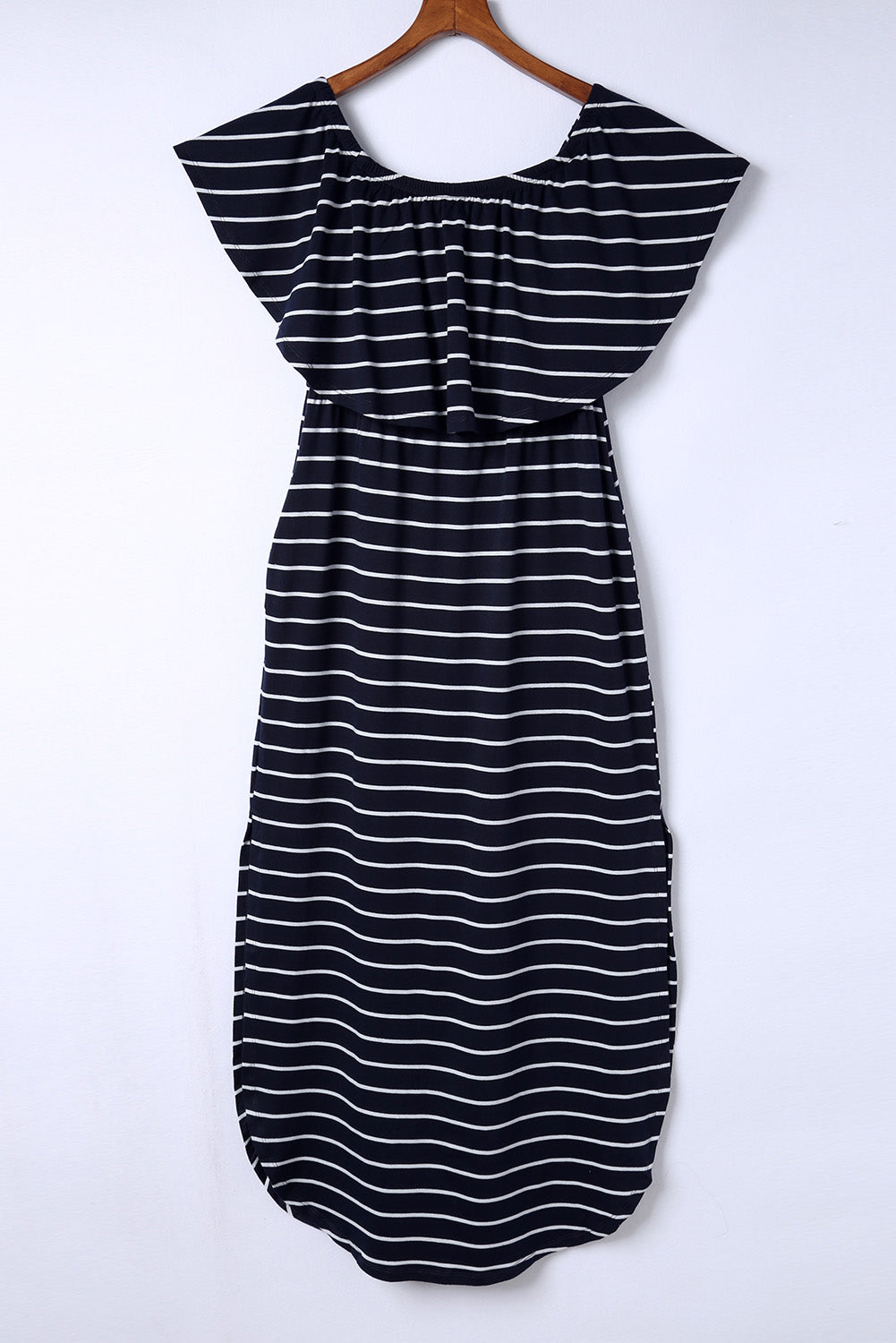Blue Striped Print Ruffled High Waist Maxi Dress with Side Splits