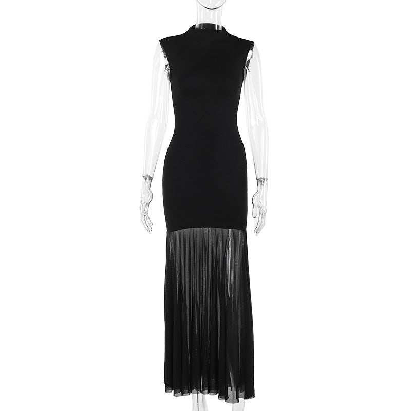 Knitted mesh slim-fit patchwork maxi dress
