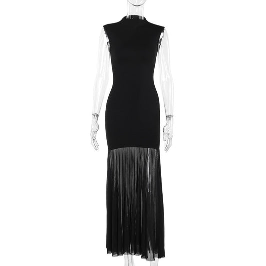 Knitted mesh slim-fit patchwork maxi dress