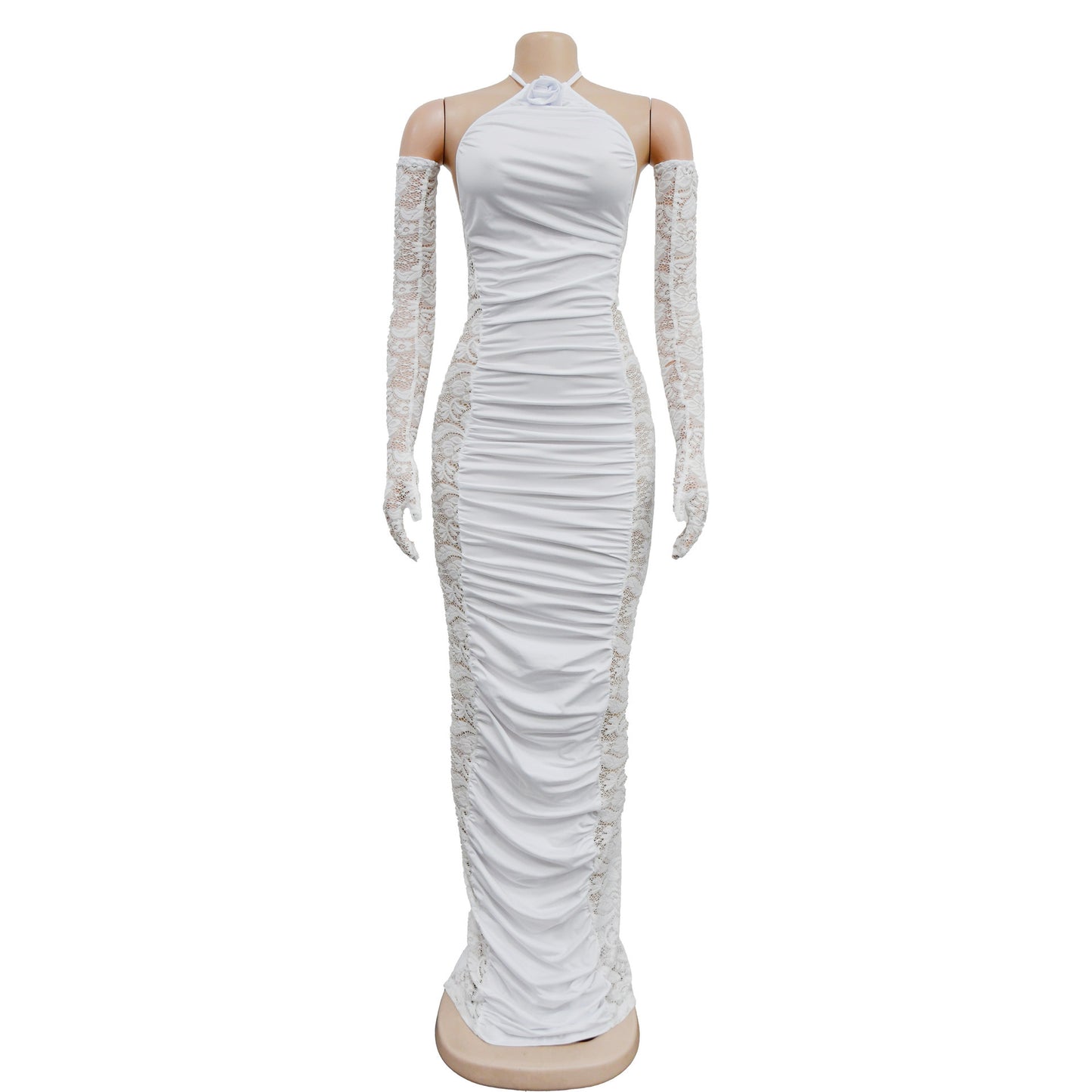 Women Flower Halter Neck Backless Lace Long Glove Stacked Maxi Midi Bodycon Dress Sexy Club Party Evening Dresses