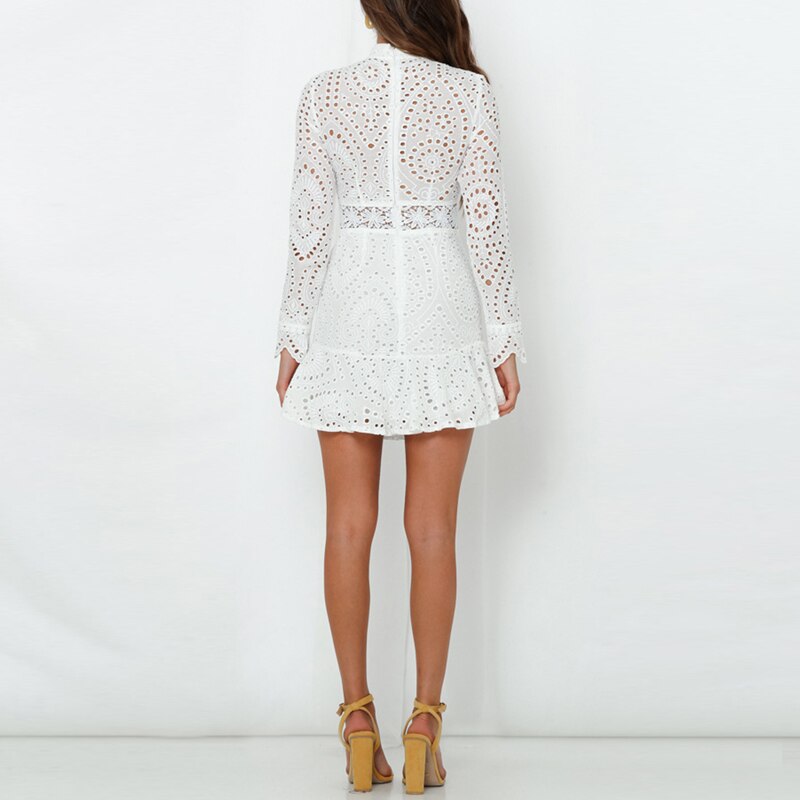 Elegant White Lace Embroidery Mini Party Dress Long Sleeve Ruffle Hollow Out Office Dress Vintage Slim Short Formal Dresses