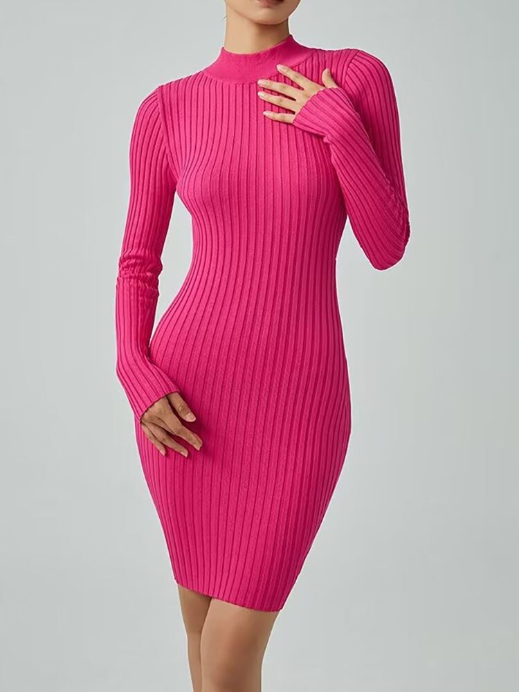 Fashion Women's Dress Stand Collar Slim Back Button Backless Long Sleeve Mini Knitted Dresses Autumn New