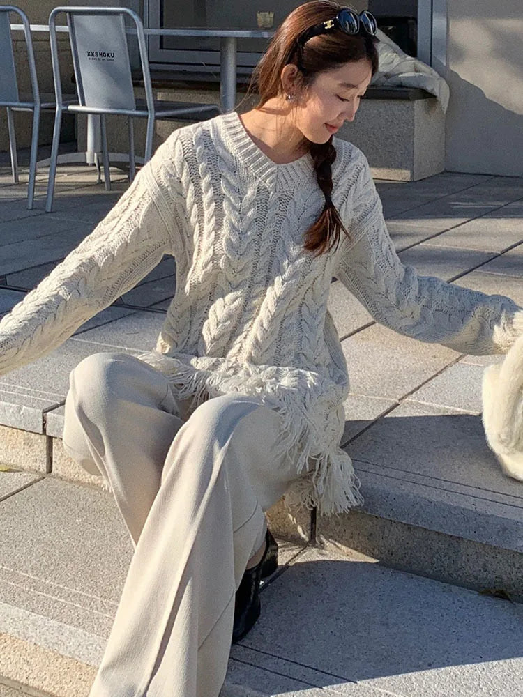 Fashion Women Knitted Dress V-neck Long Sleeve Tassel Mid Waist Weaving Stripes Mini Dresses Spring