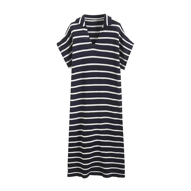 Women Summer Fashion Streetwear Style Striped Knitted Loose Midi Dress Casual POLO Collar Chic Short Sleeve Dresses