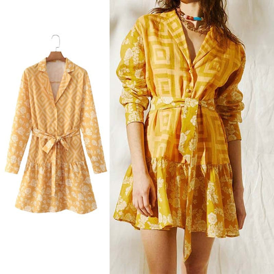 Mini Dress Woman Printed Turn Down Collar Summer Dresses For Women Long Sleeve Casual Dresses Tied Belt Female Dress