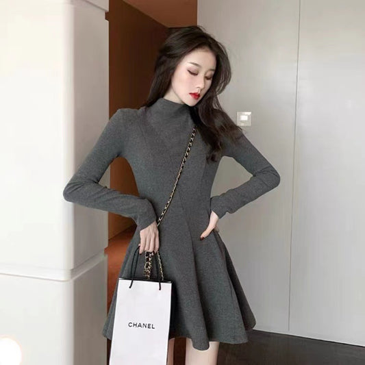 Fashion Women's Dress Round Collar Long Sleeves Waist Ruffles Pleats A-line Solid Color Mini Dresses Autumn