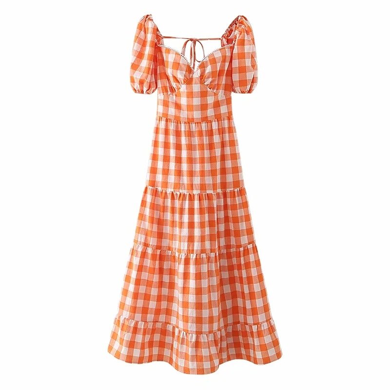 Elegant Orange Plaid Long Maxi Cotton Dress Women Summer Backless Tie Up Basic A-line Dresses High Fashion Sundress