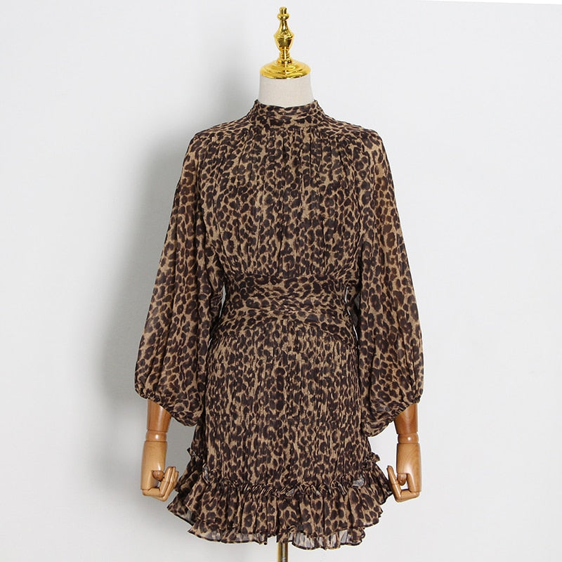Women Stand Collar Lantern Long Sleeve High Waist Leopard Ruched Mini Dresses