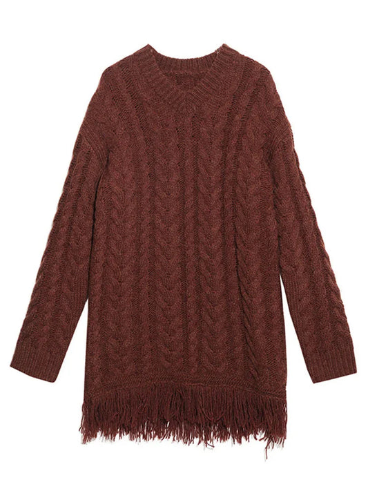 Fashion Women Knitted Dress V-neck Long Sleeve Tassel Mid Waist Weaving Stripes Mini Dresses Spring