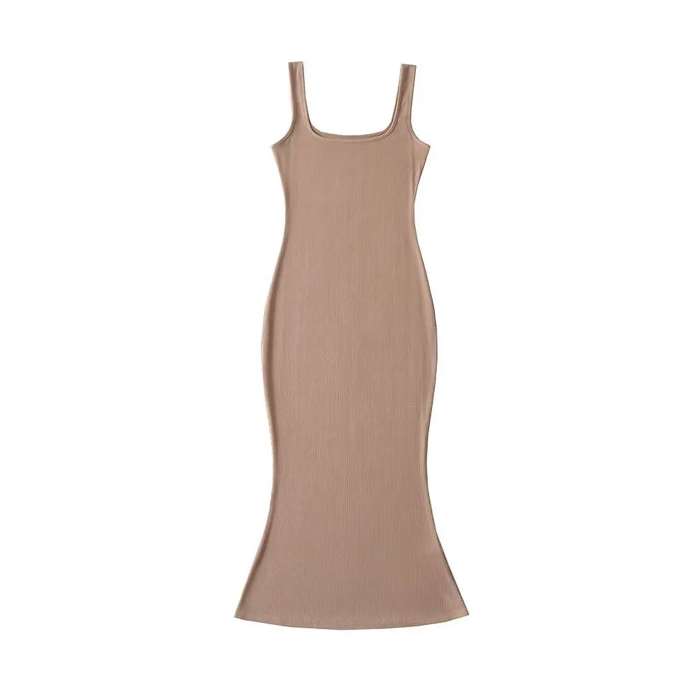 Summer  Midi Mermaid Dress Women Sleeveless Square Collar Stretchable Slim Dresses