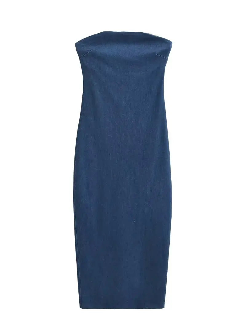 Summer Off Shoulder Blue Denim Dress Women Elegant Zipper Backless Midi Dresses